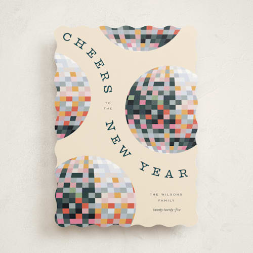 This is a champagne non photo holiday cards with standard by Pixel and Hank called new year disco printing on signature in standard