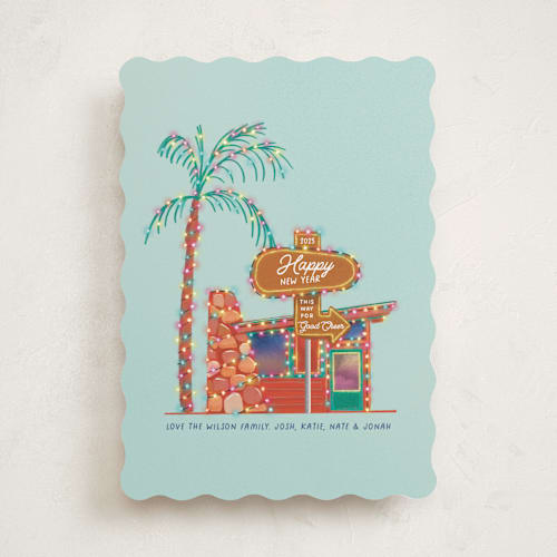 This is a ice blue non photo holiday cards with standard by Becky Nimoy called cozy retro place printing on signature in standard