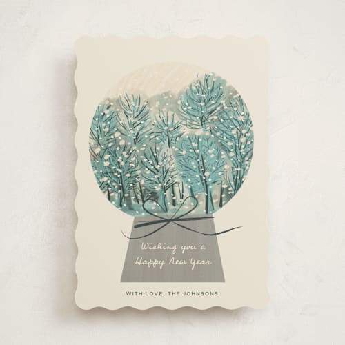 This is a wintergreen non photo holiday cards with standard by Ani Somi called winter forest snow globe printing on signature in standard
