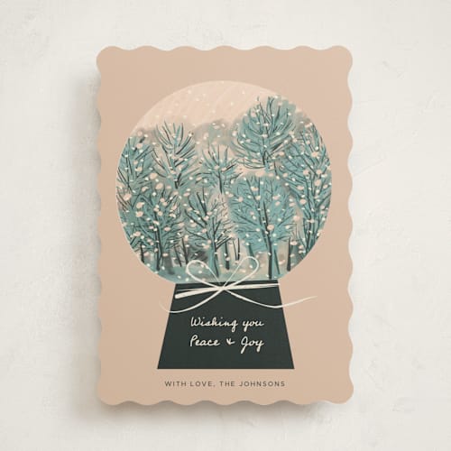 This is a peach non photo holiday cards with standard by Ani Somi called winter forest snow globe printing on signature in standard