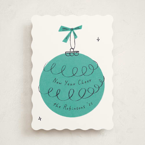 This is a pine non photo holiday cards with standard by Gwen Bedat called retro ornament printing on signature in standard