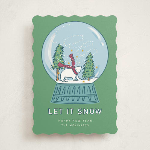 This is a spearmint non photo holiday cards with standard by Lauren Jinhee called snow globe printing on signature in standard