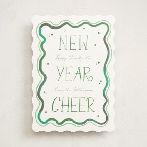 This is a pine non photo holiday cards with standard by Creo Study called new year squiggle printing on signature in standard
