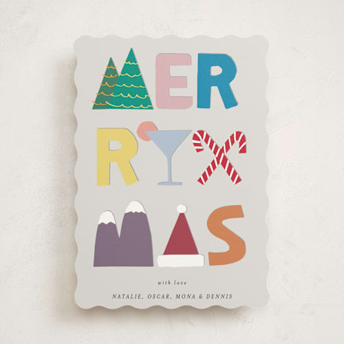 This is a tinsel non photo holiday cards with standard by lulu and isabelle called kiddy printing on signature in standard