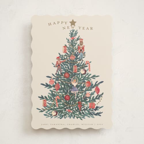 This is a caramel non photo holiday cards with standard by Teju Reval called nutcracker tree printing on signature in standard