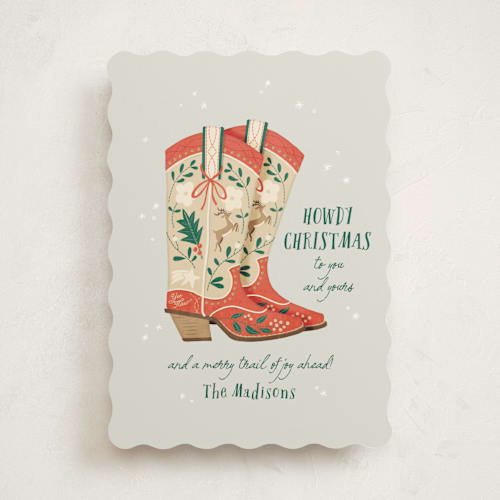 This is a fog non photo holiday cards with standard by Leia Matt called howdy holidays boots printing on signature in standard