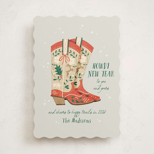 This is a fog non photo holiday cards with standard by Leia Matt called howdy holidays boots printing on signature in standard