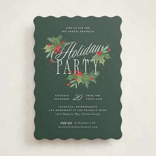 This is a pine holiday party invitations with standard by Paper Raven Co. called bright berry printing on signature in standard