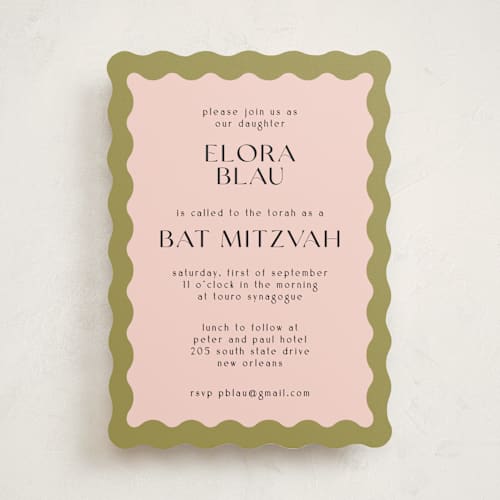 This is a olive bar mitzvah bat mitzvah invitations with standard by Pati Cascino called scallop printing on signature in standard