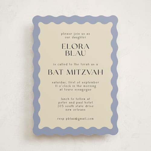 This is a light sky bar mitzvah bat mitzvah invitations with standard by Pati Cascino called scallop printing on signature in standard