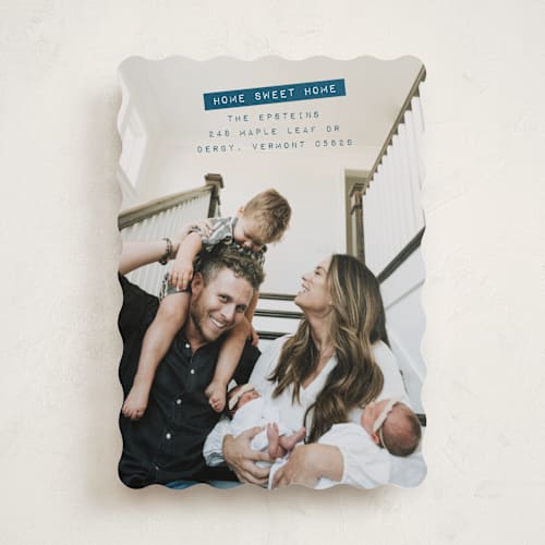 This is a denim moving announcements with standard by Heather Schertzer called label printing on signature in standard