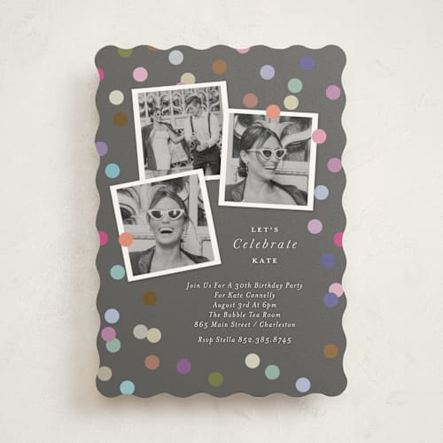 This is a coal party invitations with standard by Lori Wemple called confetti printing on signature in standard