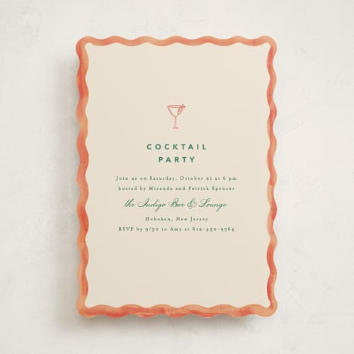 This is a terracotta party invitations with standard by Creo Study called formal scallop printing on signature in standard