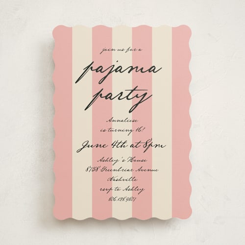 This is a bubblegum sweet sixteen birthday party invitations with standard by Kamala Nahas called pajama party printing on signature in standard