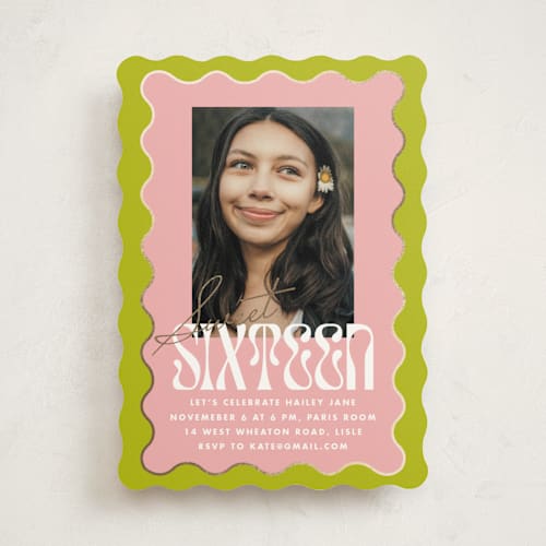 This is a key lime sweet sixteen birthday party invitations with foil pressed by Baumbirdy called wavy frame printing on signature in standard
