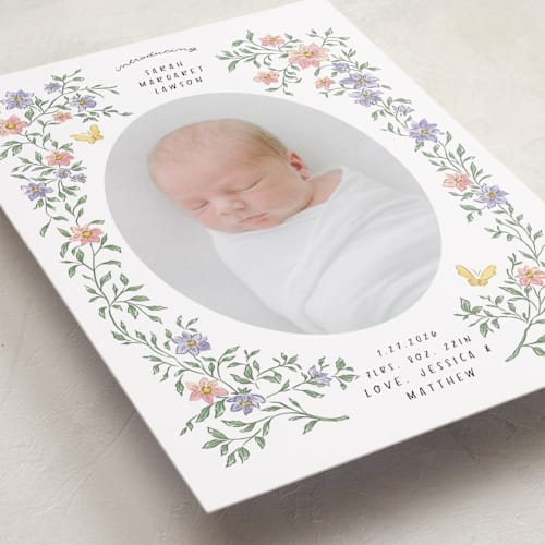 This is a garden grand birth announcements with standard by Grae called tiny flowers printing on smooth signature in grand