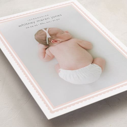 This is a baby blush grand birth announcements with standard by Carolyn MacLaren called scalloped border printing on recycled smooth signature in grand
