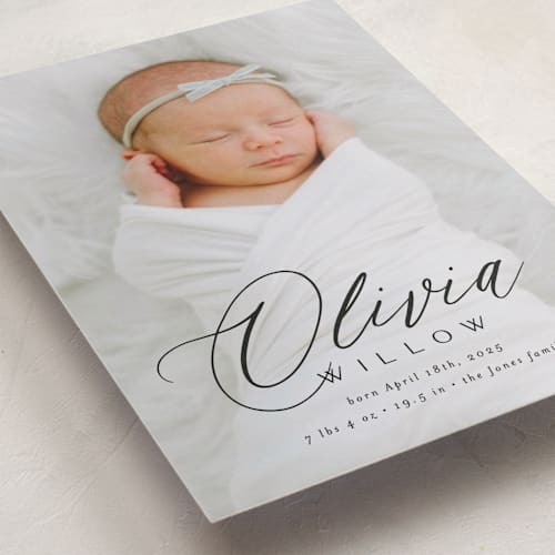 This is a shadow grand birth announcements with standard by Everett Paper Goods called serenity printing on smooth signature in grand