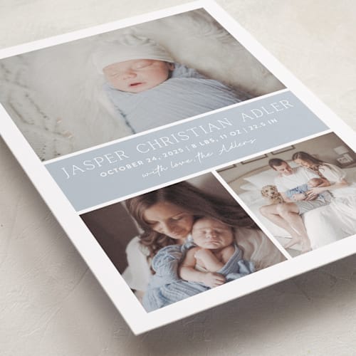 This is a bluebell grand birth announcements with standard by Vanessa Doyle called color block printing on smooth signature in grand