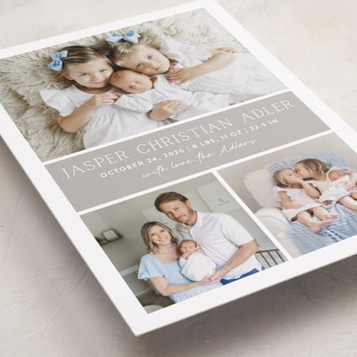 This is a dove grand birth announcements with standard by Vanessa Doyle called color block printing on recycled smooth signature in grand