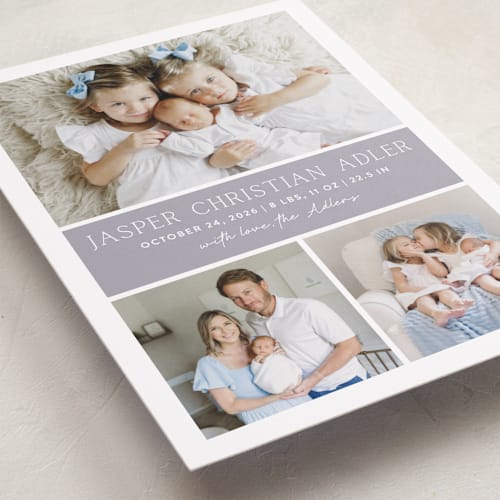 This is a lilac grand birth announcements with standard by Vanessa Doyle called color block printing on smooth signature in grand