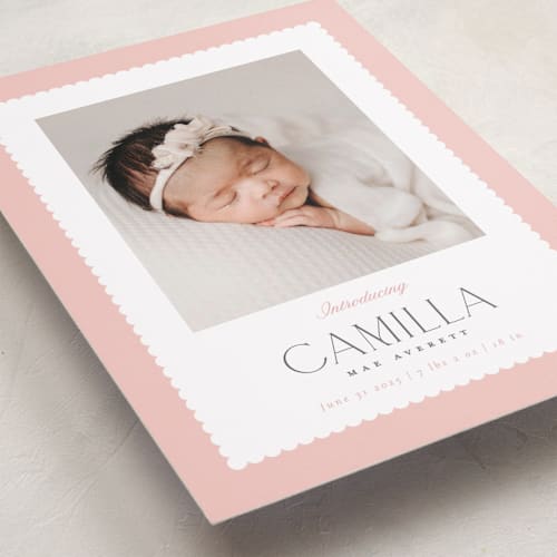 This is a rose grand birth announcements with standard by Robert and Stella called sweet scallop printing on smooth signature in grand