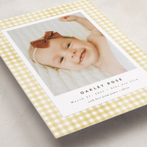 This is a marigold grand birth announcements with standard by Jessie Steury called gingham printing on smooth signature in grand