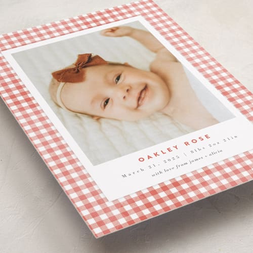 This is a coral grand birth announcements with standard by Jessie Steury called gingham printing on recycled smooth signature in grand