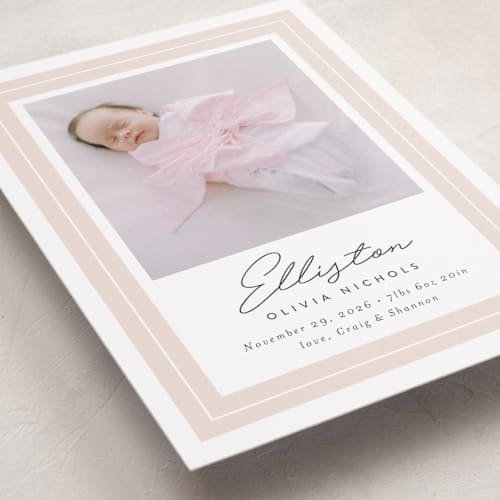 This is a blush grand birth announcements with standard by Jessica Williams called serene printing on smooth signature in grand
