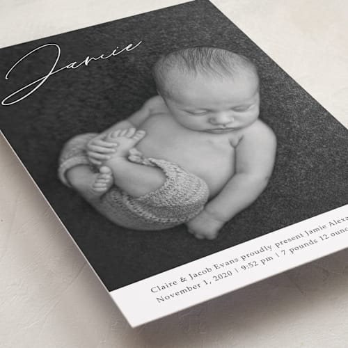 This is a charcoal grand birth announcements with standard by Rebecca Rueth called jamie printing on recycled smooth signature in grand