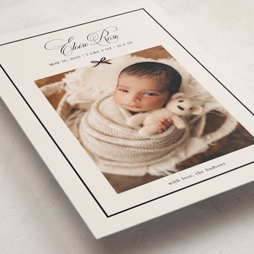 This is a charcoal grand birth announcements with standard by Chelsea Petaja called elegant bow holiday printing on smooth signature in grand