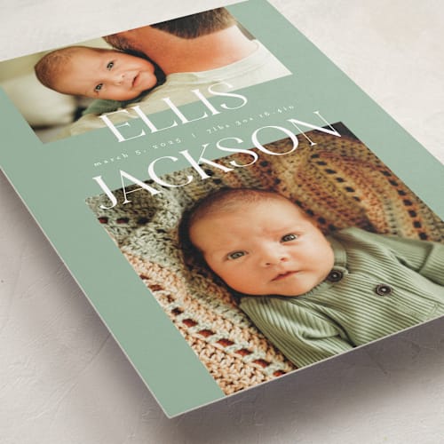 This is a aloe grand birth announcements with standard by Pixel and Hank called double time printing on recycled smooth signature in grand