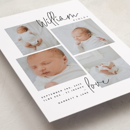 This is a onyx grand birth announcements with standard by Lindsay Stetson Thompson called overjoyed script printing on recycled smooth signature in grand