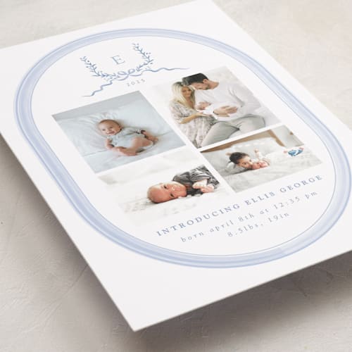 This is a frost grand birth announcements with standard by Corinne Malesic called festive monogram printing on smooth signature in grand