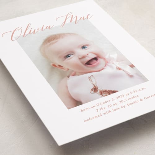 This is a sweet pea grand birth announcements with standard by Jennifer Postorino called sweet script printing on recycled smooth signature in grand