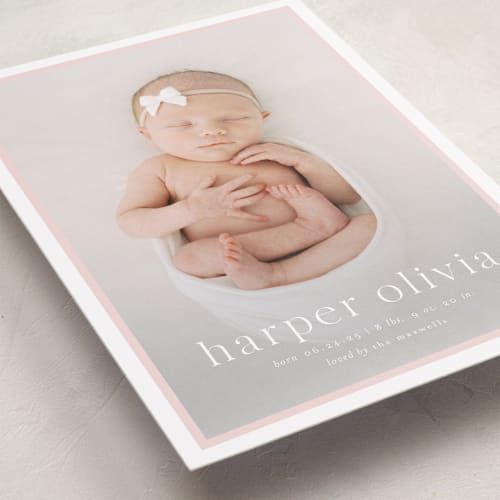 This is a rose grand birth announcements with standard by Alexandra Cohn called portraiture printing on smooth signature in grand