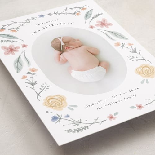 This is a meadow grand birth announcements with standard by Emily Sabol Goss called le jardin printing on smooth signature in grand