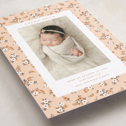 This is a peach grand birth announcements with standard by Sherley Ferreira called spring gardens printing on recycled smooth signature in grand