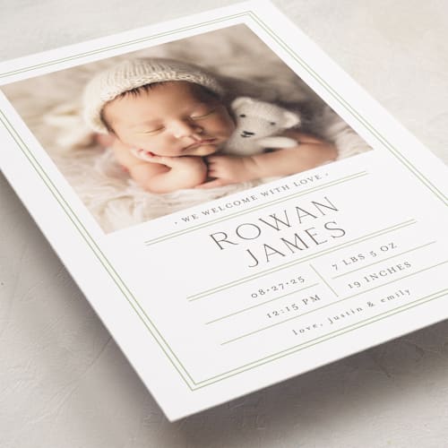 This is a lime grand birth announcements with standard by Shirley Lin Schneider called birth stats label printing on recycled smooth signature in grand