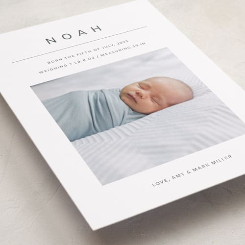 This is a cotton grand birth announcements with standard by Ani Somi called noah printing on recycled smooth signature in grand