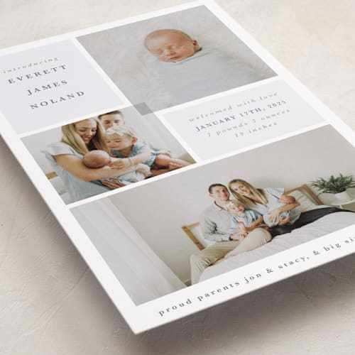 This is a dusty blue grand birth announcements with standard by Julie Murray called love multiplies printing on recycled smooth signature in grand