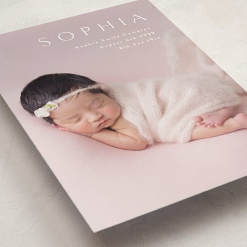 This is a white grand birth announcements with standard by Phrosné Barwood called angel printing on recycled smooth signature in grand