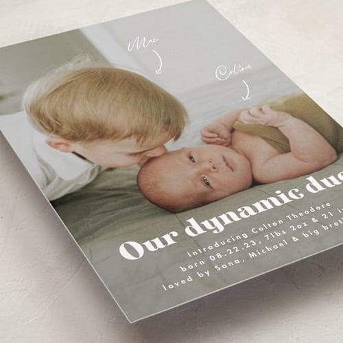 This is a cotton grand birth announcements with standard by Corinne Malesic called dynamic duo printing on recycled smooth signature in grand