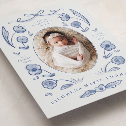 This is a delft blue grand birth announcements with standard by Ani Somi called painted flowers printing on recycled smooth signature in grand