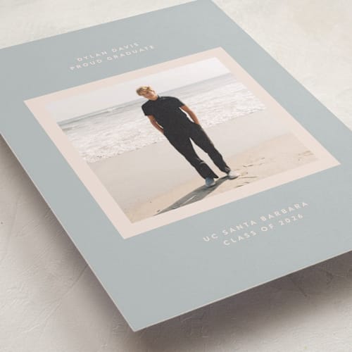 This is a sky graduation announcements with standard by JoAnn Jinks called minimal printing on recycled smooth signature in grand