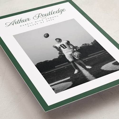 This is a pine graduation announcements with standard by Pati Cascino called silo printing on recycled smooth signature in grand