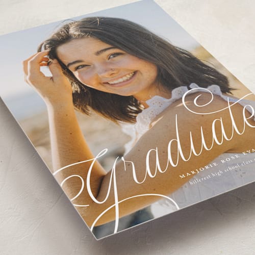 This is a cotton graduation announcements with standard by Carmia Jordaan called swooping printing on recycled smooth signature in grand