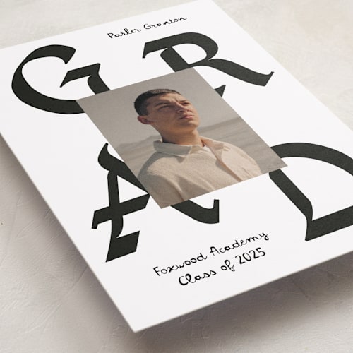 This is a cotton graduation announcements with standard by Chryssi Tsoupanarias called calligraphic ink printing on recycled smooth signature in grand