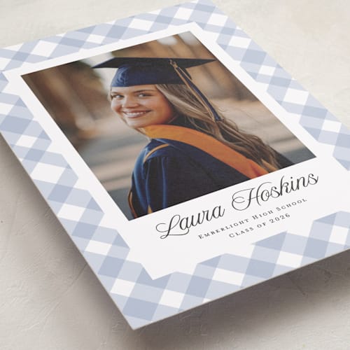 This is a powder graduation announcements with standard by Kampai Designs called gingham printing on recycled smooth signature in grand