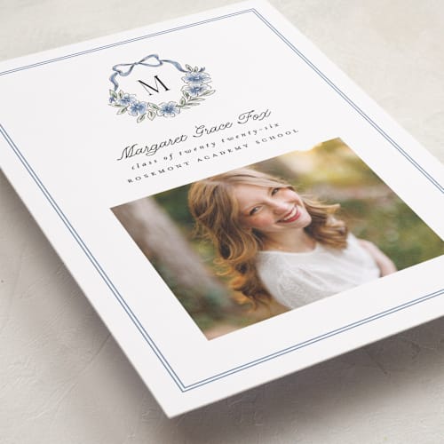 This is a cornflower graduation announcements with standard by Laura Hankins called floral crest printing on recycled smooth signature in grand